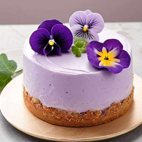 Home 13 **Floral Dessert Arrangement**: Create an elegant dessert featuring a delicate cake decorated with edible flowers such as violets and roses. The cake should have a soft pastel color palette, showcasing the natural beauty of the flowers while highlighting their unique textures.