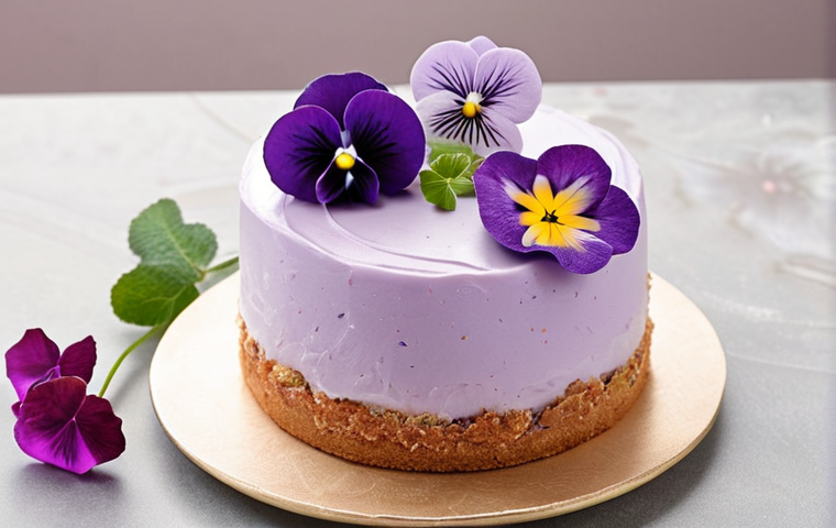 **Floral Dessert Arrangement**: Create an elegant dessert featuring a delicate cake decorated with edible flowers such as violets and roses. The cake should have a soft pastel color palette, showcasing the natural beauty of the flowers while highlighting their unique textures.