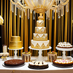 **A lavish dessert table at a "Gatsby"-themed corporate party.** The table should be overflowing with bright, shimmering desserts with gold accents. Use different levels and stands to showcase the desserts. The overall color scheme should be vibrant and celebratory.