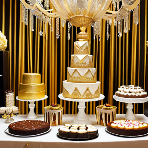 Home 8 **A lavish dessert table at a "Gatsby"-themed corporate party.** The table should be overflowing with bright, shimmering desserts with gold accents. Use different levels and stands to showcase the desserts. The overall color scheme should be vibrant and celebratory.