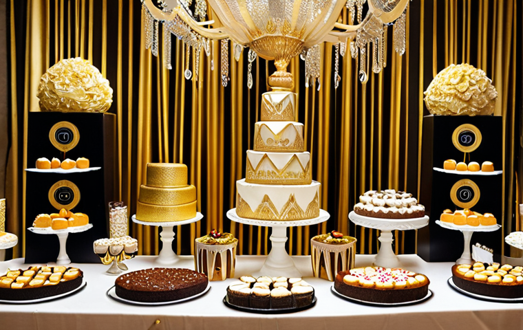 **A lavish dessert table at a "Gatsby"-themed corporate party.** The table should be overflowing with bright, shimmering desserts with gold accents. Use different levels and stands to showcase the desserts. The overall color scheme should be vibrant and celebratory.