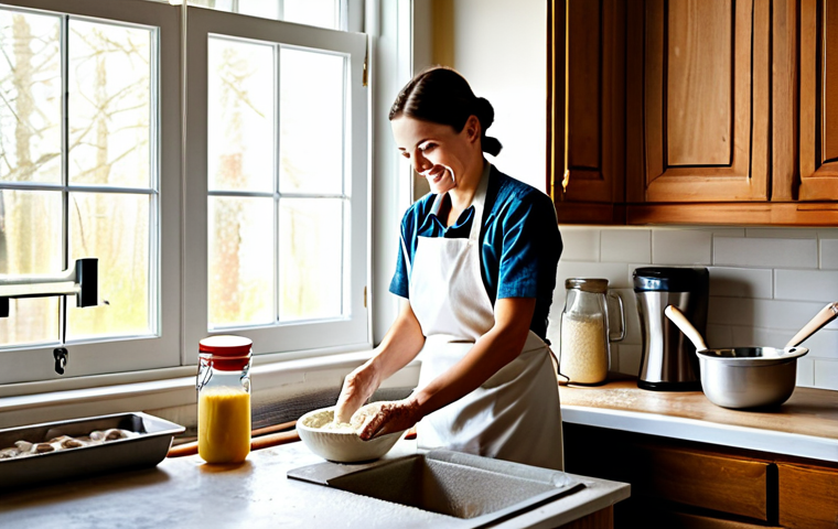 디저트 전문가로 일하며 배운 점들 - Baking Biscuits**
"A cozy kitchen scene with a baker carefully sifting flour into a bowl of batter,...