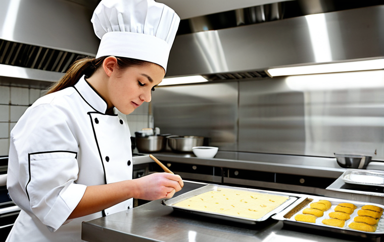 디저트 전문가의 경력 개발 로드맵 - Learning the Fundamentals**

A young pastry chef in a clean, modern kitchen, wearing a chef's coat a...