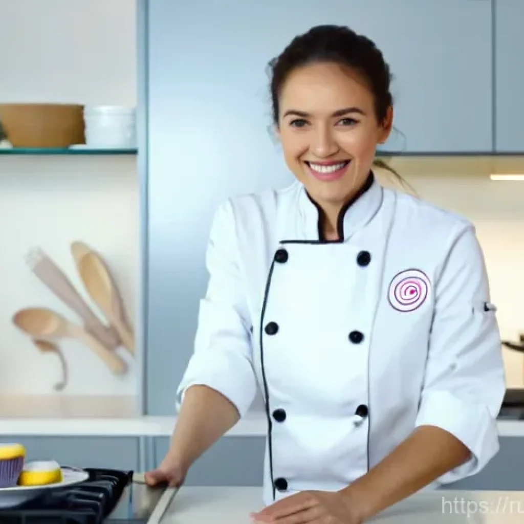 디저트 전문가의 진로 확장 가능성 - A professional female confectionery chef, aged 30s, with a warm, engaging smile, wearing a clean whi...