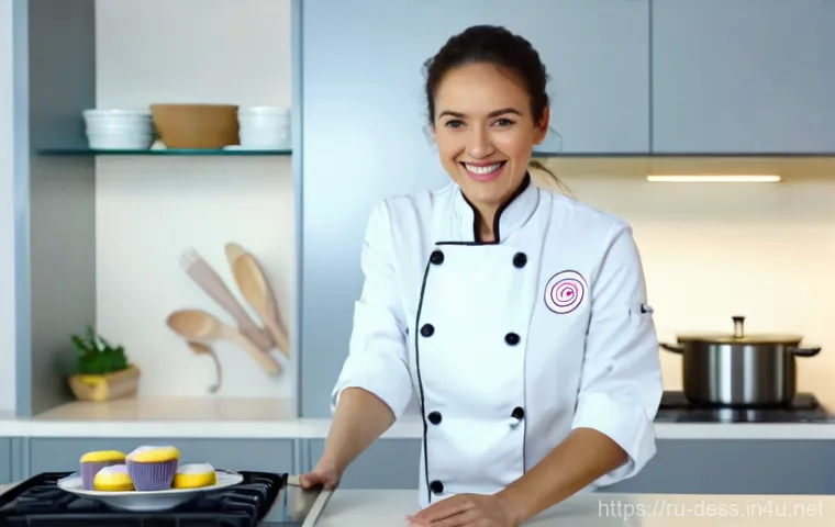 디저트 전문가의 진로 확장 가능성 - A professional female confectionery chef, aged 30s, with a warm, engaging smile, wearing a clean whi...