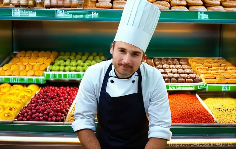 디저트 전문가의 유행 예측 능력 키우기 - **The Confectioner's Market Exploration**
    A thoughtful pastry chef, aged 30-40, wearing a clean,...