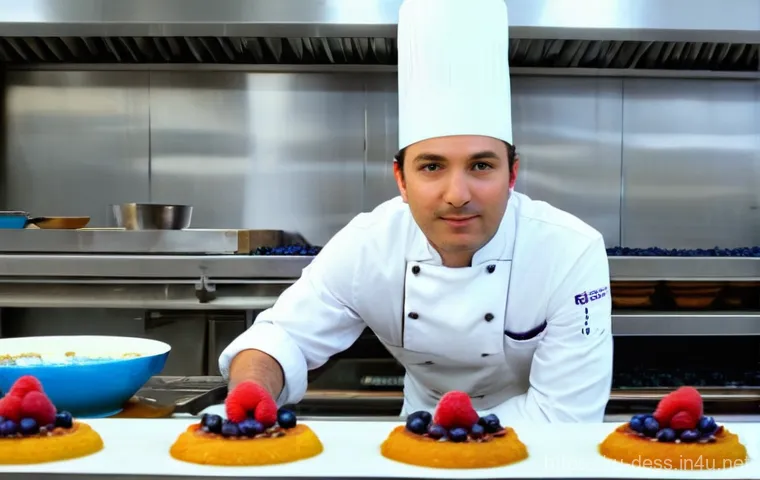 디저트 전문가의 유행 예측 능력 키우기 - **The Confectioner's Market Exploration**
    A thoughtful pastry chef, aged 30-40, wearing a clean,...