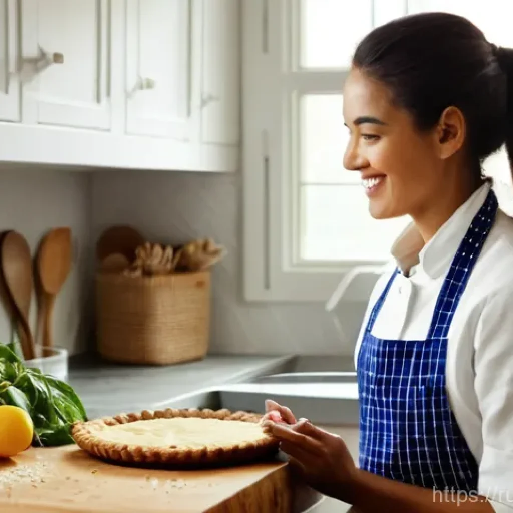 디저트 전문가의 창의적 문제 해결 능력 - **Prompt:** A close-up, warm-toned shot of a female pastry chef in her rustic yet clean kitchen. She...