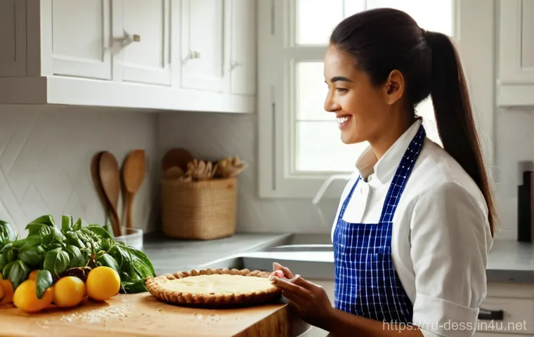 디저트 전문가의 창의적 문제 해결 능력 - **Prompt:** A close-up, warm-toned shot of a female pastry chef in her rustic yet clean kitchen. She...