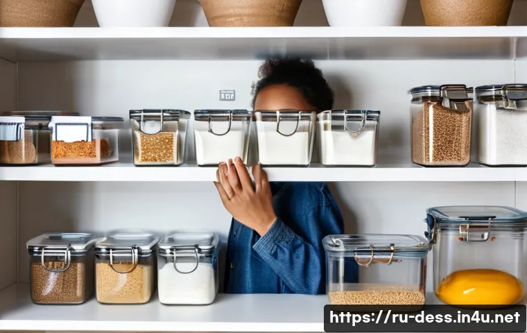 디저트 전문가의 식재료 보관 기술 - **Prompt:** A brightly lit, clean, and organized modern kitchen pantry. The focus is on neatly arran...