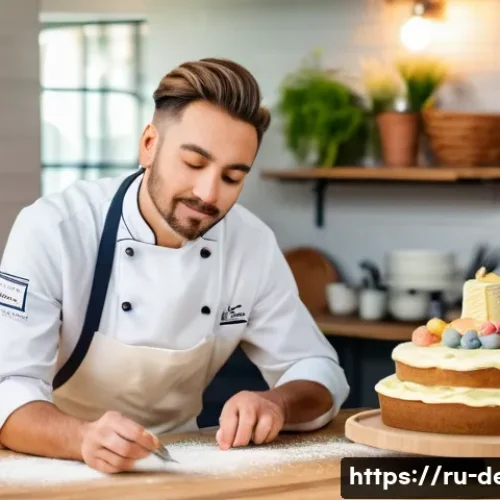디저트 전문가로서의 퇴사 및 재취업 사례 - A professional kitchen scene showing a confident pastry chef in mid-30s, wearing a clean white chef’...