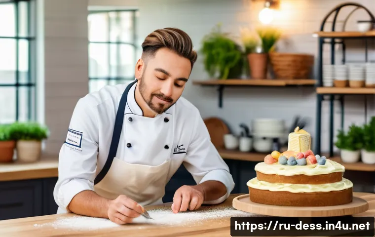 디저트 전문가로서의 퇴사 및 재취업 사례 - A professional kitchen scene showing a confident pastry chef in mid-30s, wearing a clean white chef’...