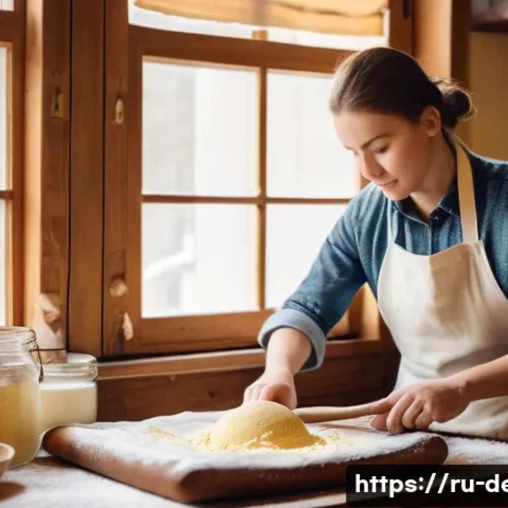 디저트 전문가로 일하며 겪는 어려움 - A rustic kitchen scene showcasing a skilled Russian pastry chef carefully mixing dough with a wooden...
