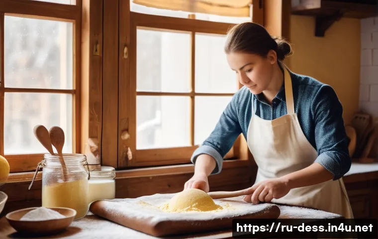 디저트 전문가로 일하며 겪는 어려움 - A rustic kitchen scene showcasing a skilled Russian pastry chef carefully mixing dough with a wooden...