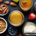 디저트 전문가의 건강한 디저트 개발법 - A rustic kitchen scene showcasing a variety of healthy dessert ingredients arranged on a wooden tabl...