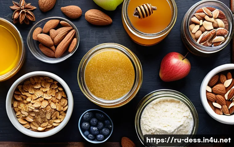 디저트 전문가의 건강한 디저트 개발법 - A rustic kitchen scene showcasing a variety of healthy dessert ingredients arranged on a wooden tabl...