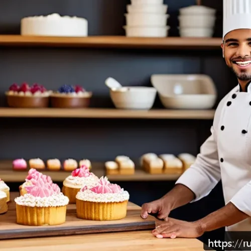디저트 전문가의 연봉 협상 팁 - A confident young pastry chef in a modern bakery kitchen, wearing a clean white chef's coat and apro...