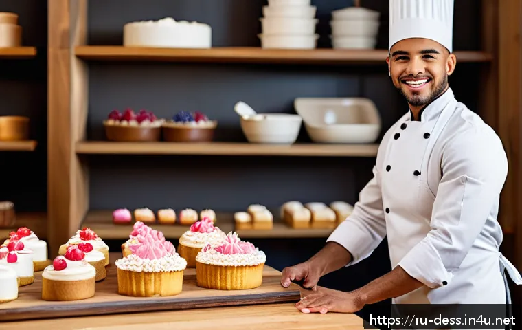 디저트 전문가의 연봉 협상 팁 - A confident young pastry chef in a modern bakery kitchen, wearing a clean white chef's coat and apro...