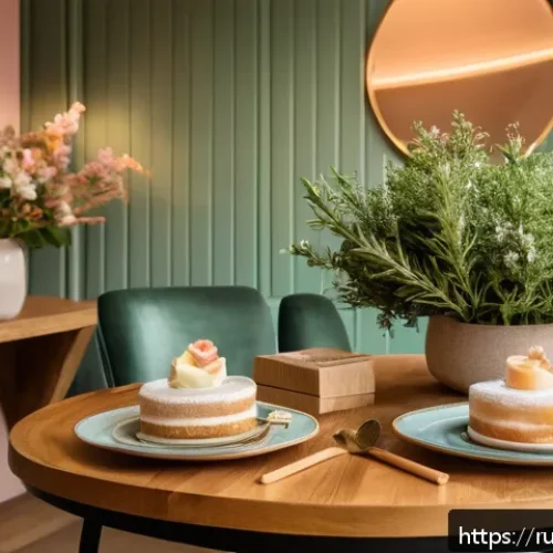 디저트 전문가의 인테리어와 공간 디자인 - A cozy dessert corner illuminated by soft, warm lighting with adjustable brightness, featuring woode...