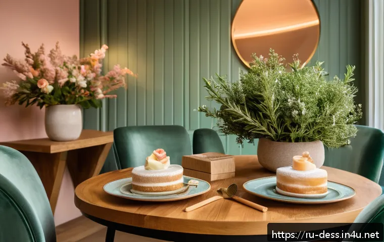 디저트 전문가의 인테리어와 공간 디자인 - A cozy dessert corner illuminated by soft, warm lighting with adjustable brightness, featuring woode...