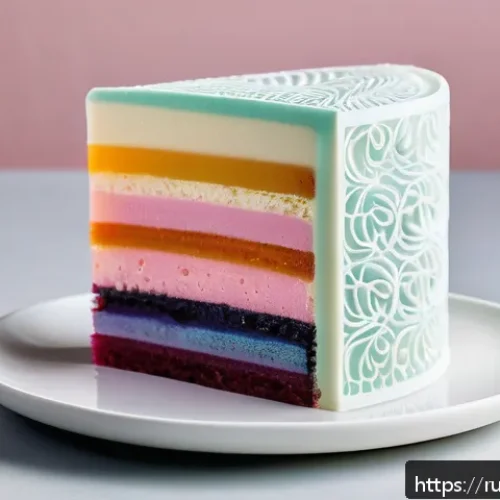 디저트 전문가가 주목해야 할 신소재 - A modern dessert art piece featuring multi-layered mousse cakes made with innovative edible gels suc...