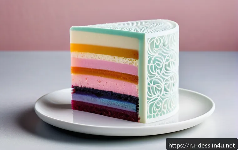 디저트 전문가가 주목해야 할 신소재 - A modern dessert art piece featuring multi-layered mousse cakes made with innovative edible gels suc...