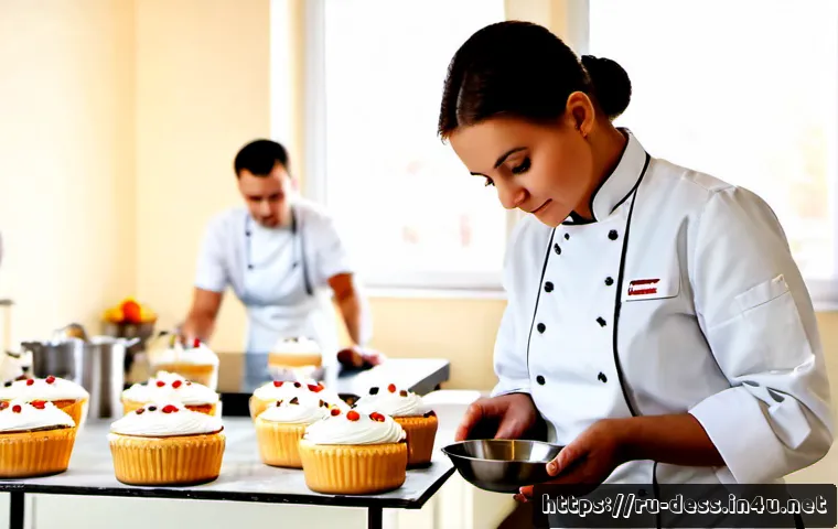 Home 17 디저트 전문가 자격증 종류와 취득 방법 - Photorealistic culinary school pastry workshop in Russia, a focused adult student in clean white che...
