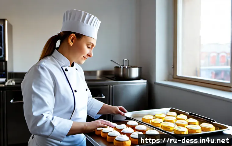 디저트 전문가의 시간 관리 기술 - Photorealistic Russian pastry chef in a bright modern bakery kitchen, calmly organizing dessert prod...
